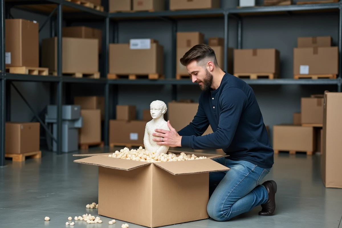 Homme emballant une sculpture fragile dans une boîte avec des cacahuètes de calage et du papier kraft dans un entrepôt de conditionnement
