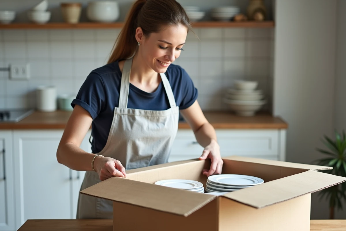 Femme emballant des assiettes en céramique dans du papier bulle avant de les ranger dans un carton de déménagement en cuisine