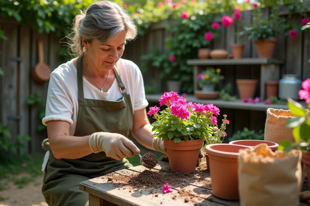 Femme jardinière appliquant de l'engrais granulaire sur des géraniums en pot dans un jardin fleuri