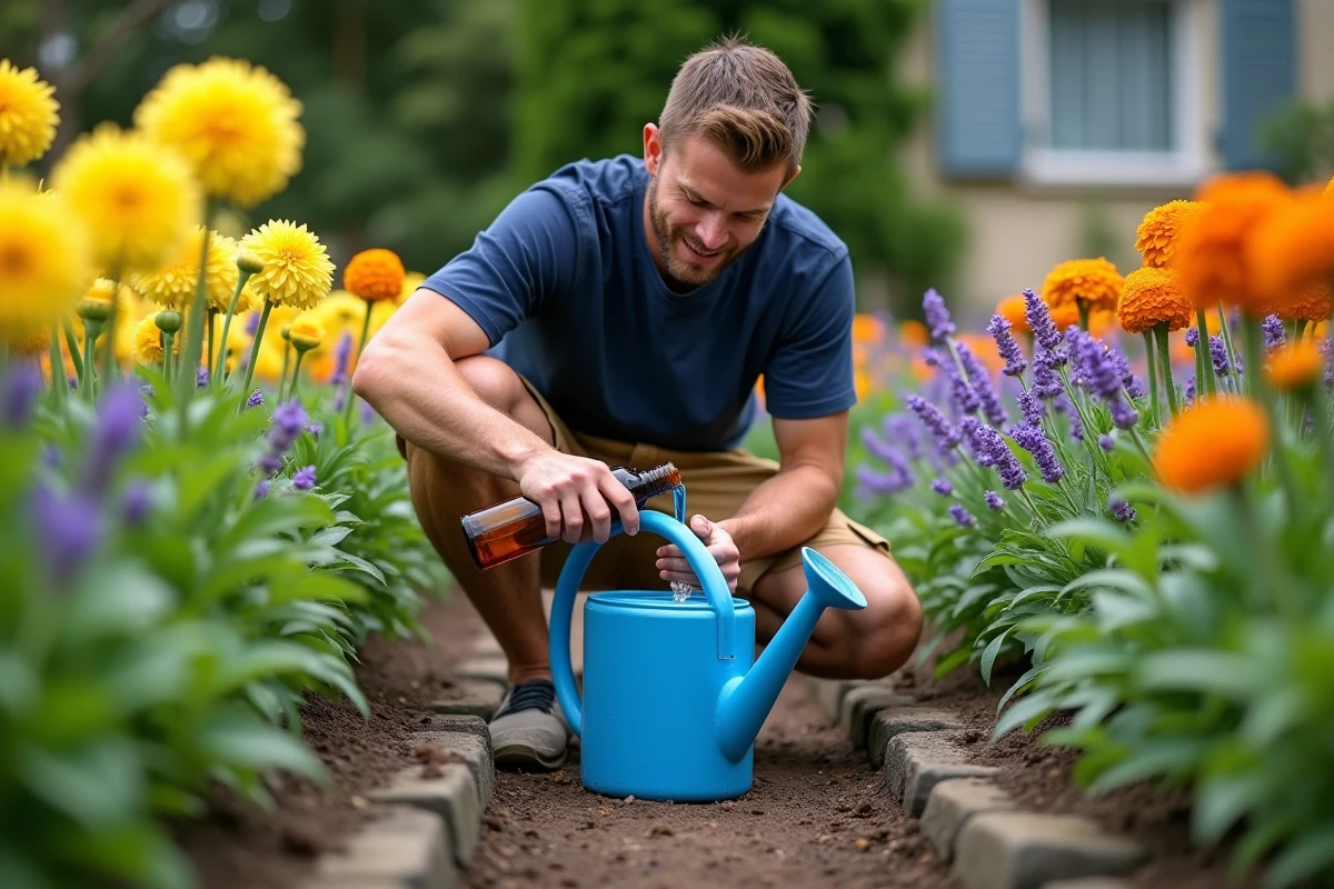 Homme préparant un engrais liquide pour arroser un massif de fleurs colorées au jardin