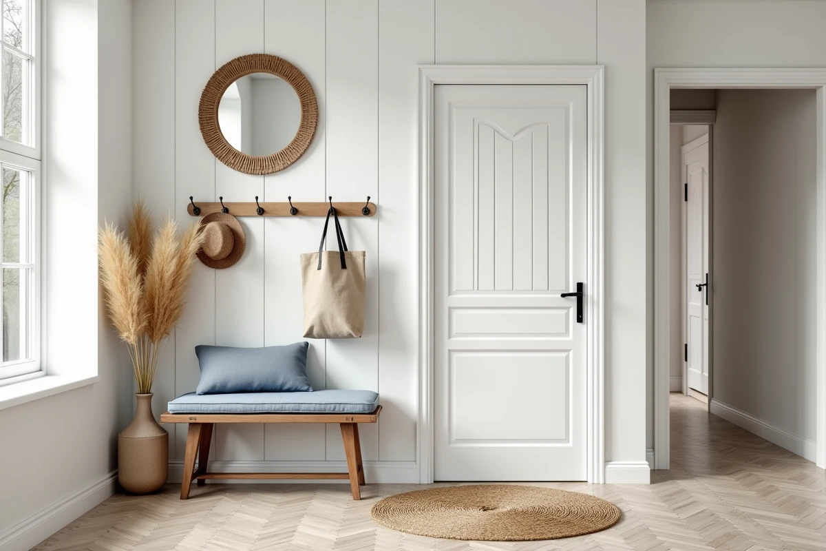 Entrée de maison accueillante avec banc en bois, miroir en rotin, herbe de la pampa et carrelage en chevron