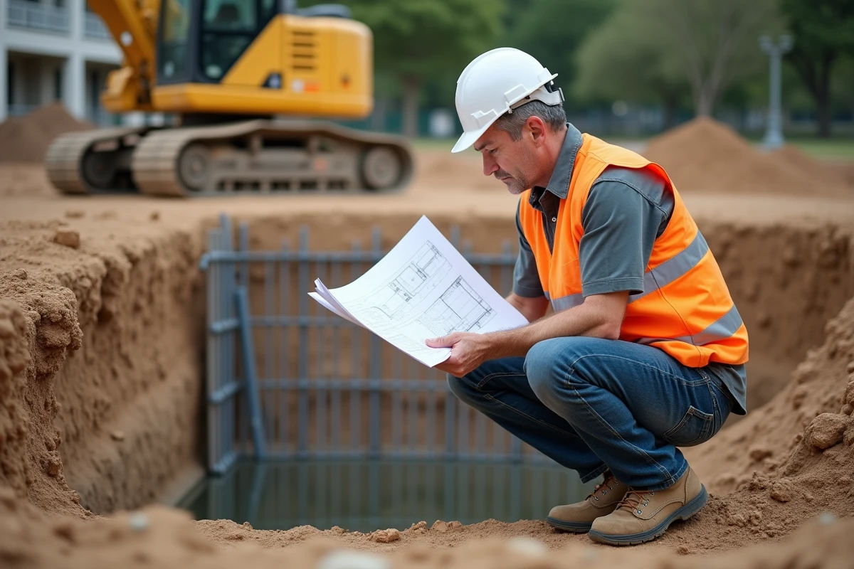 Entrepreneur en construction de piscine creusée étudiant les plans sur un chantier d'excavation résidentiel