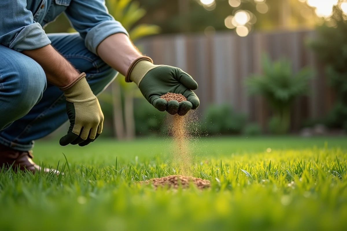 Homme épandant de l'engrais granulaire sur une pelouse verte luxuriante dans un jardin résidentiel