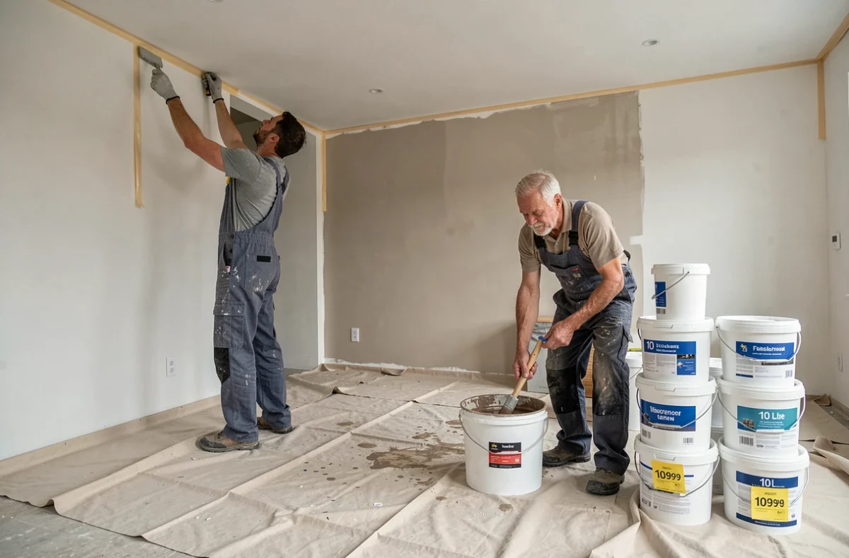 Deux peintres en bâtiment travaillant ensemble dans un appartement vide avec pots de peinture et bâches de protection au sol