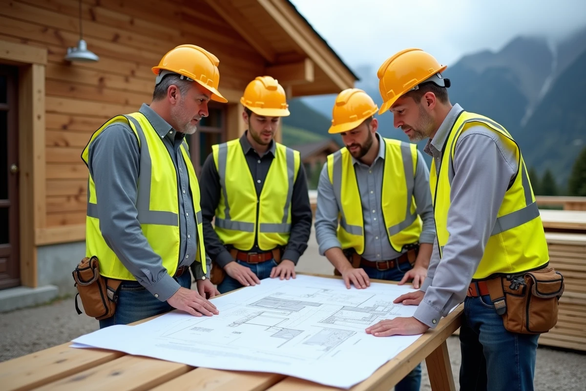 Équipe de professionnels étudiant les plans de construction d'un chalet en bois sur chantier