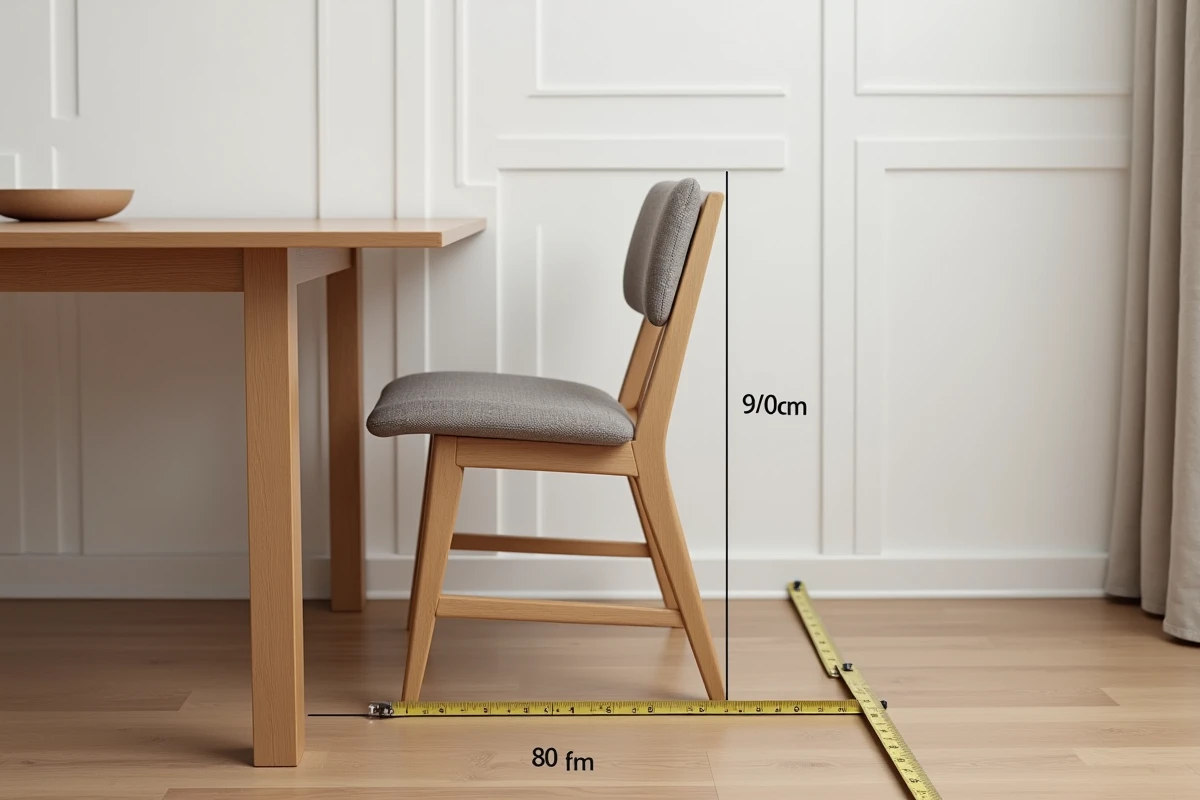 Espace derrière une chaise de salle à manger mesuré avec un mètre ruban sur parquet en chêne