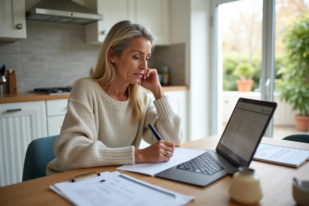 Femme estimant le budget d'une extension de maison avec devis et ordinateur portable dans une cuisine moderne
