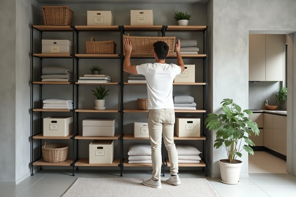 Homme rangeant des boîtes sur une étagère murale modulable du sol au plafond dans un petit studio