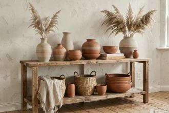 Étagère en bois rustique ornée d'objets artisanaux en céramique et vannerie dans un salon scandinave chaleureux