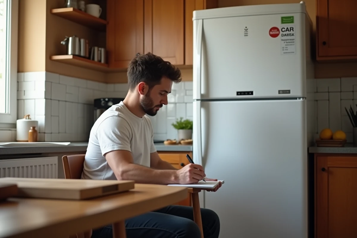 Homme consultant l'étiquette technique d'un réfrigérateur pour connaître sa capacité en litres