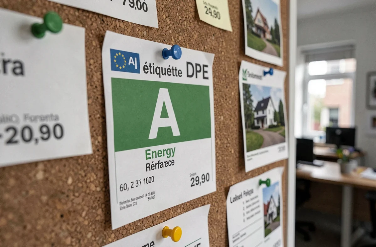 Étiquette de performance énergétique classe A affichée sur un panneau d'annonces immobilières en agence