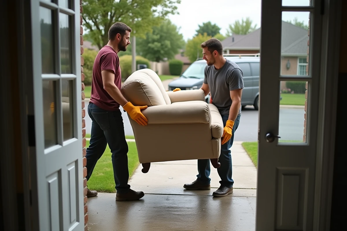 Deux hommes portant un vieux canapé usagé hors d'une maison pour le faire enlever par un service de collecte de meubles