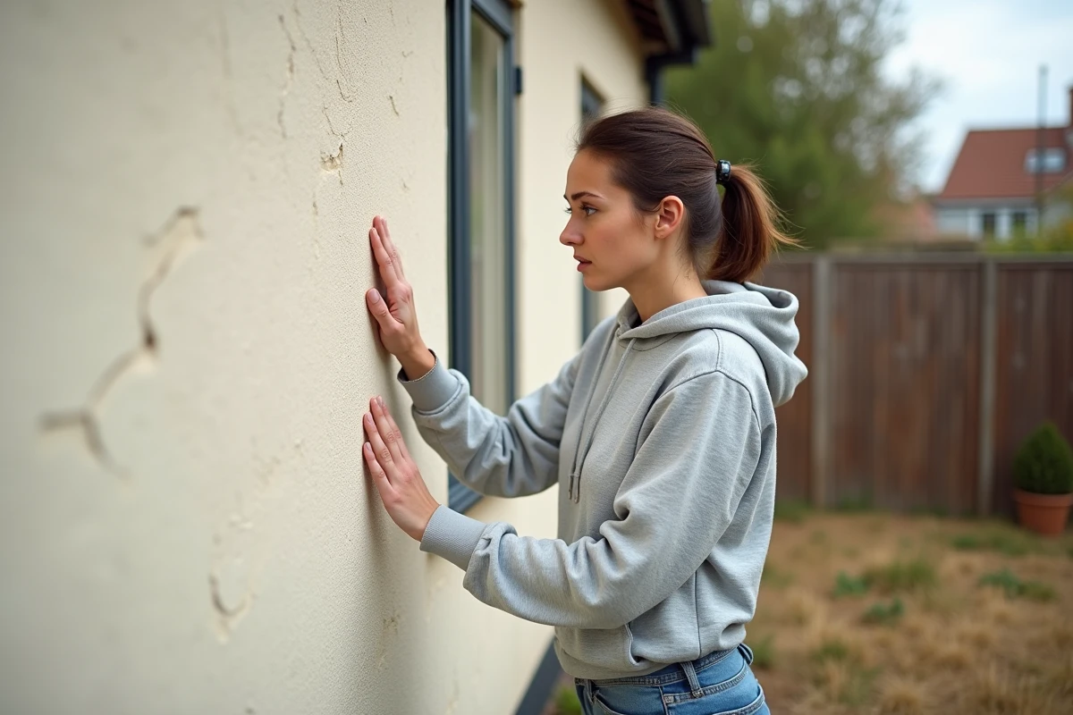 Femme évaluant l'isolation des murs extérieurs d'une maison pour réduire sa classe DPE