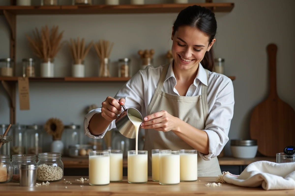 Femme versant de la cire de soja fondue dans des bocaux en verre pour fabriquer des bougies parfumées artisanales