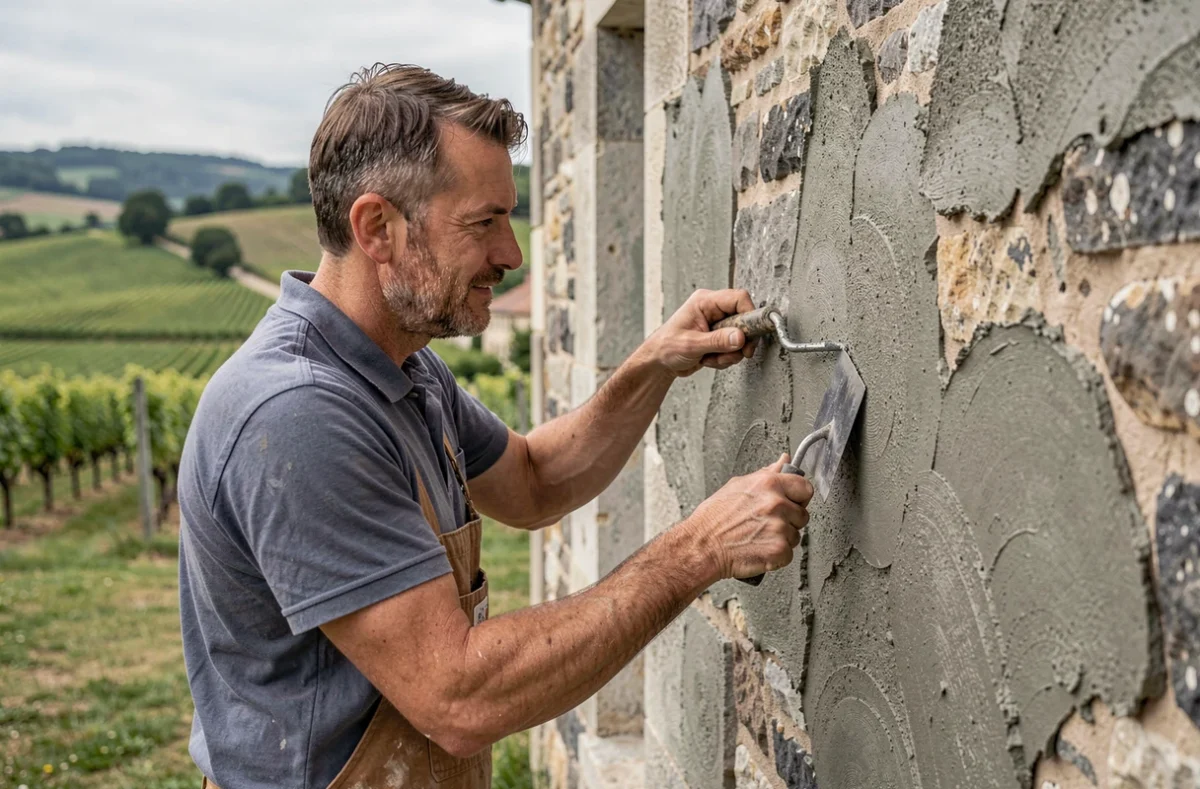 Façadier appliquant un enduit texturé sur une maison en pierre dans la Loire
