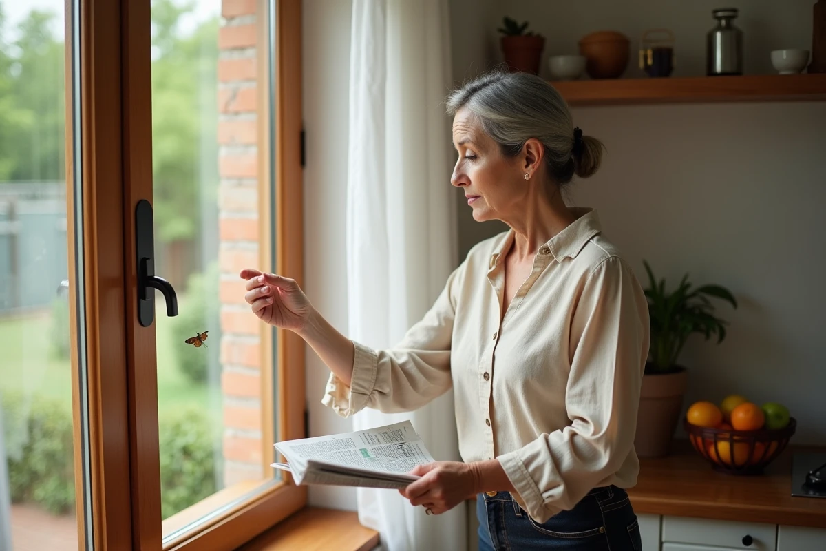 Femme guidant un papillon de nuit vers une fenêtre ouverte dans une cuisine naturelle