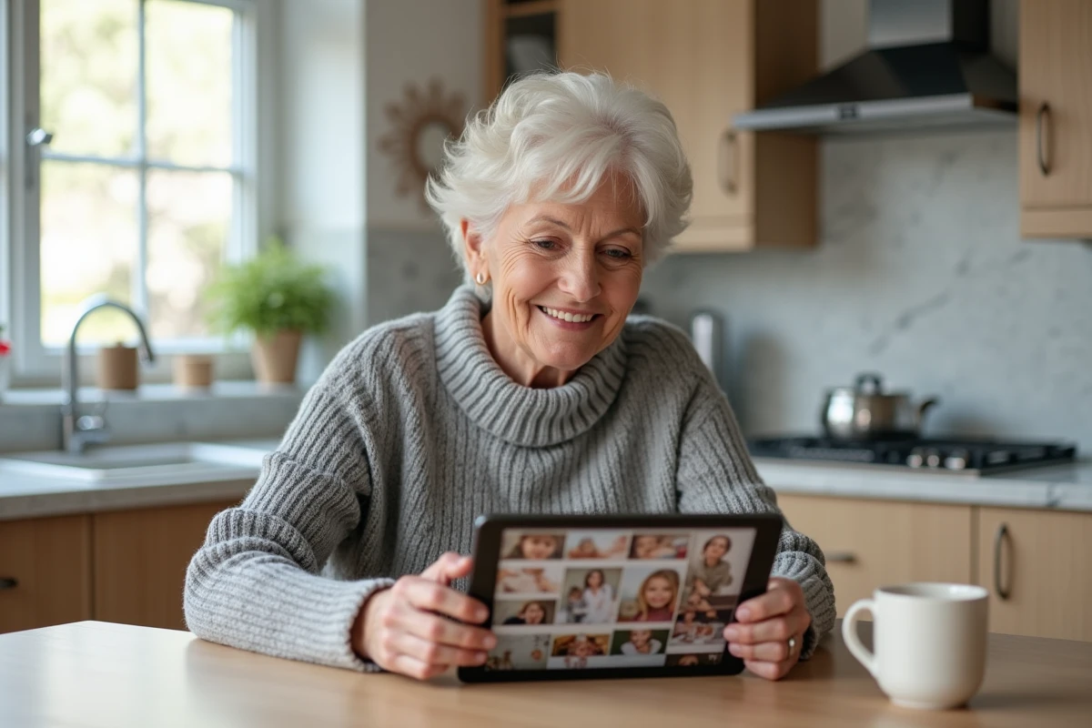 Femme d'âge mûr consultant un album photo numérique sur tablette dans une cuisine lumineuse