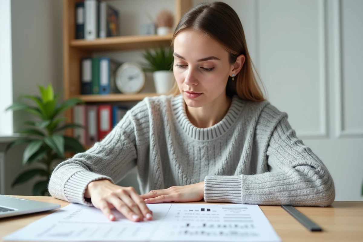Femme alignant des tableaux imprimés sur un bureau en bois dans un bureau à domicile moderne