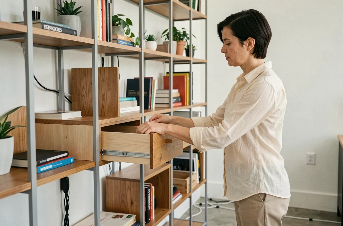 Femme réorganisant une bibliothèque modulable en bois et métal dans un bureau à domicile contemporain