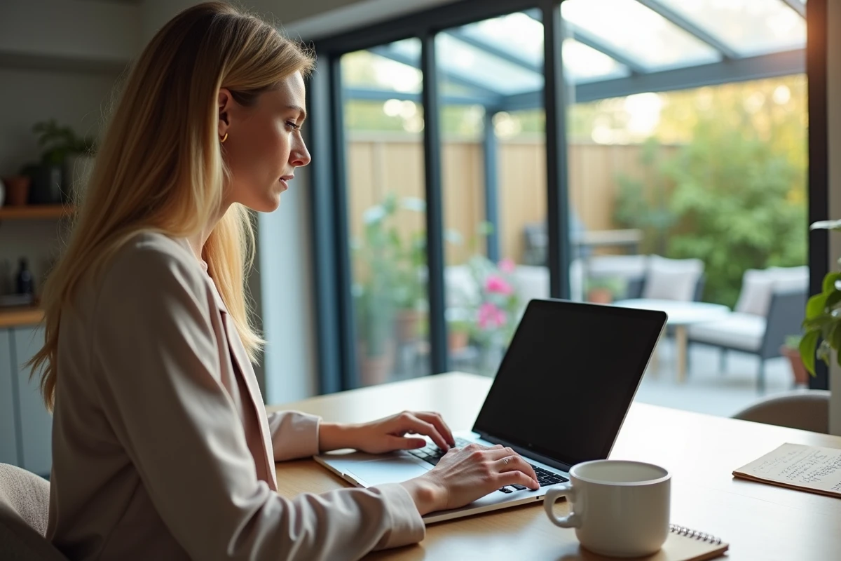 Femme comparant des prix de véranda 40m2 en ligne depuis sa cuisine