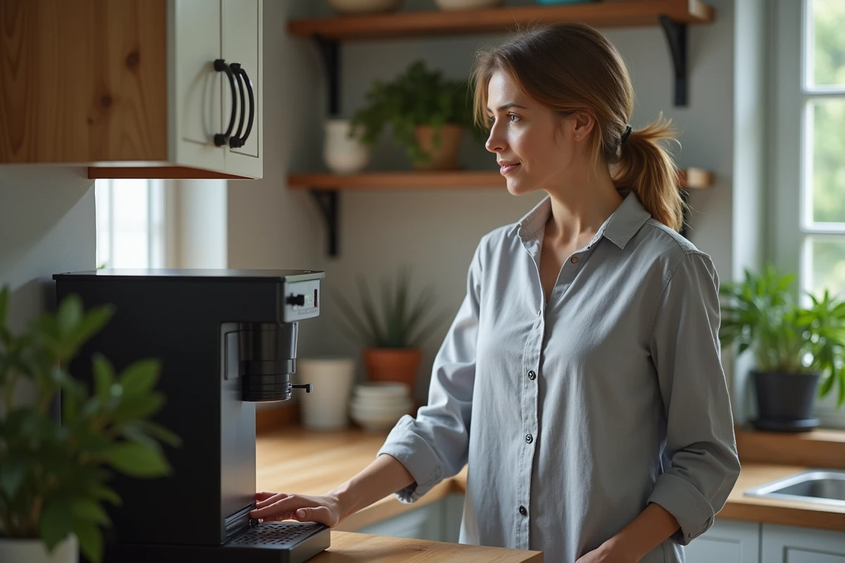 Femme dans une cuisine regardant une cafetière éteinte encore branchée, illustrant la consommation électrique en veille des appareils ménagers