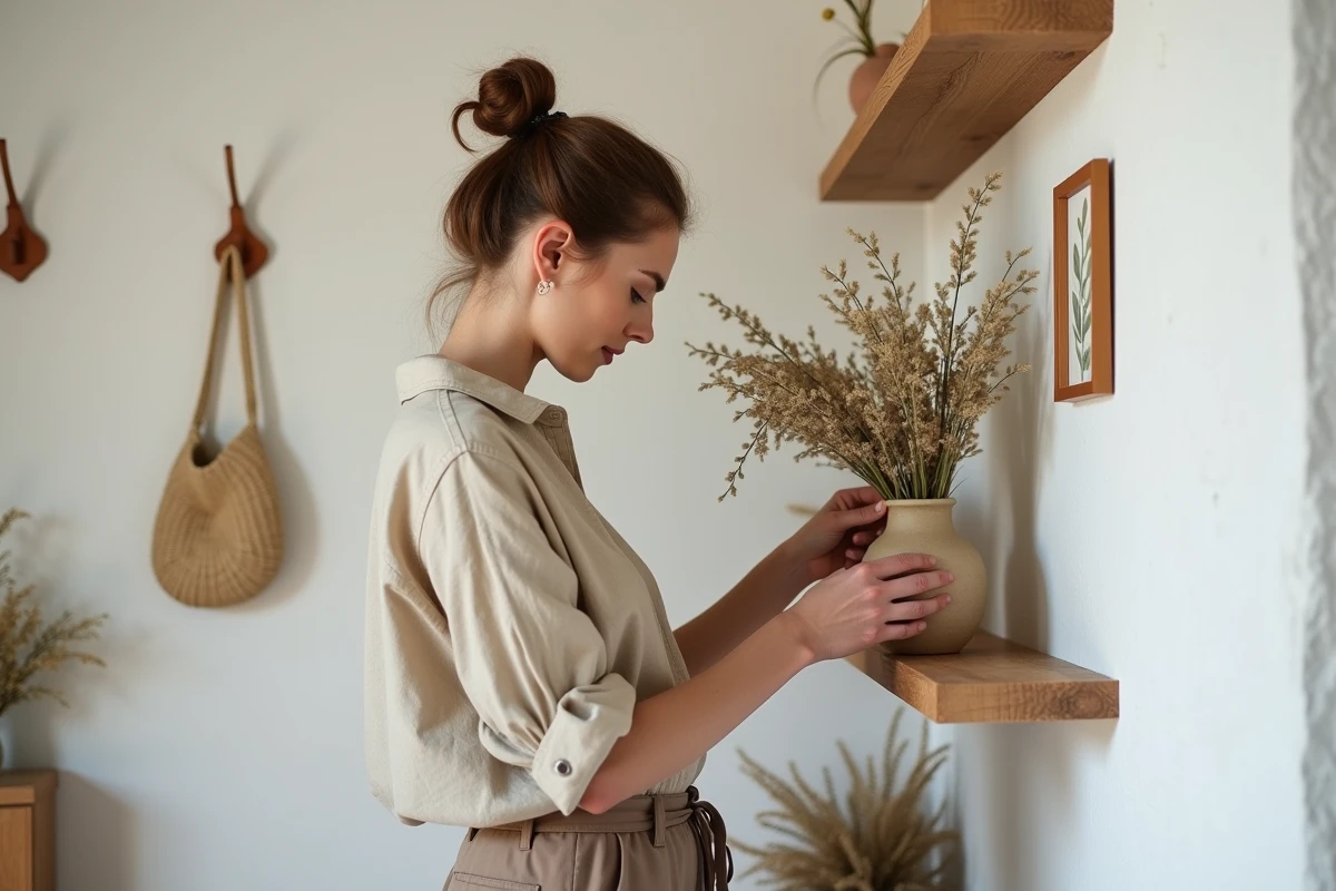 Femme arrangeant des fleurs séchées dans une entrée minimaliste décorée avec des matériaux naturels et des accessoires artisanaux apaisants