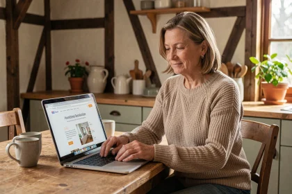 Femme alsacienne cherchant un artisan en ligne depuis son appartement strasbourgeois pour obtenir un devis rapide