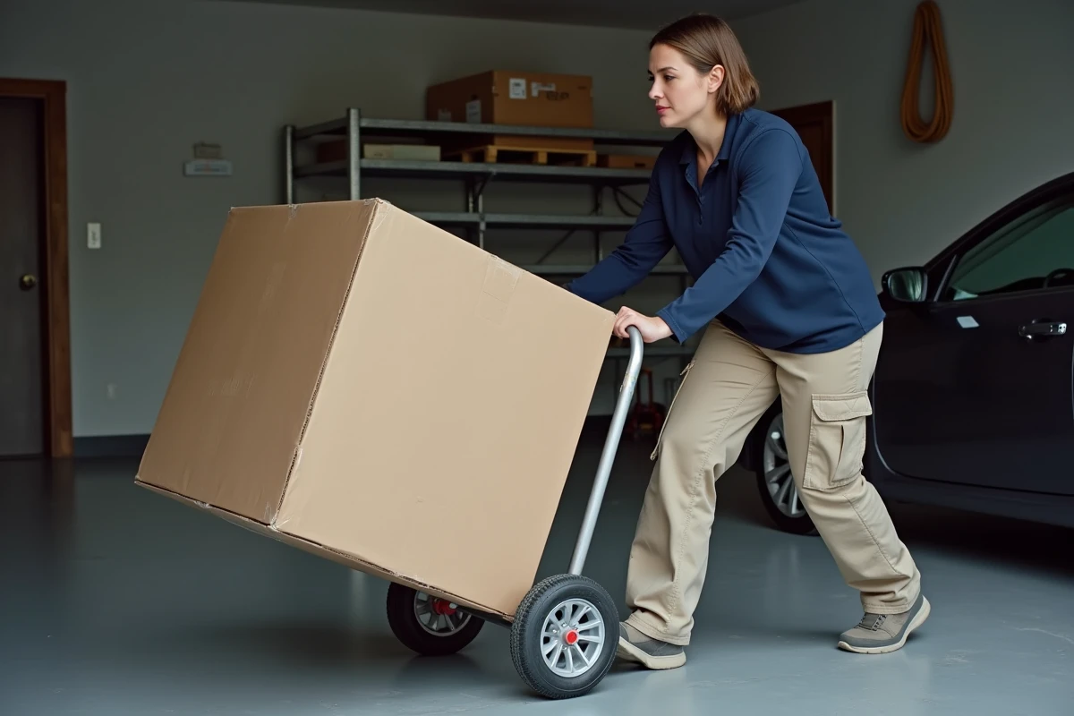 Femme utilisant un diable pour déplacer un grand carton lourd dans un garage