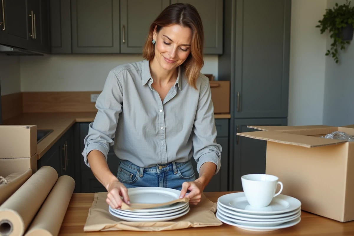 Femme emballant soigneusement une assiette en céramique avec du papier kraft lors d'un déménagement