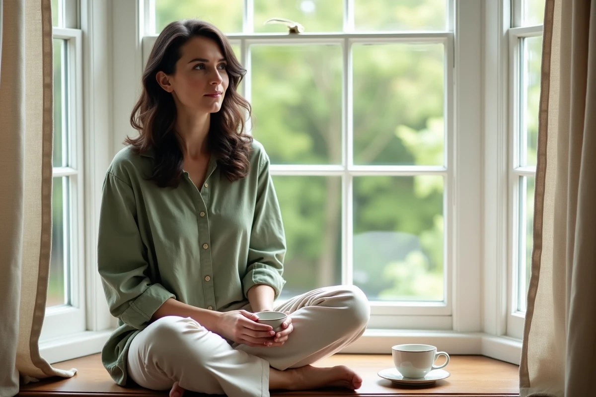 Femme détendue assise sur un banc de fenêtre tenant une tasse, ambiance douce et accueillante dans une maison lumineuse