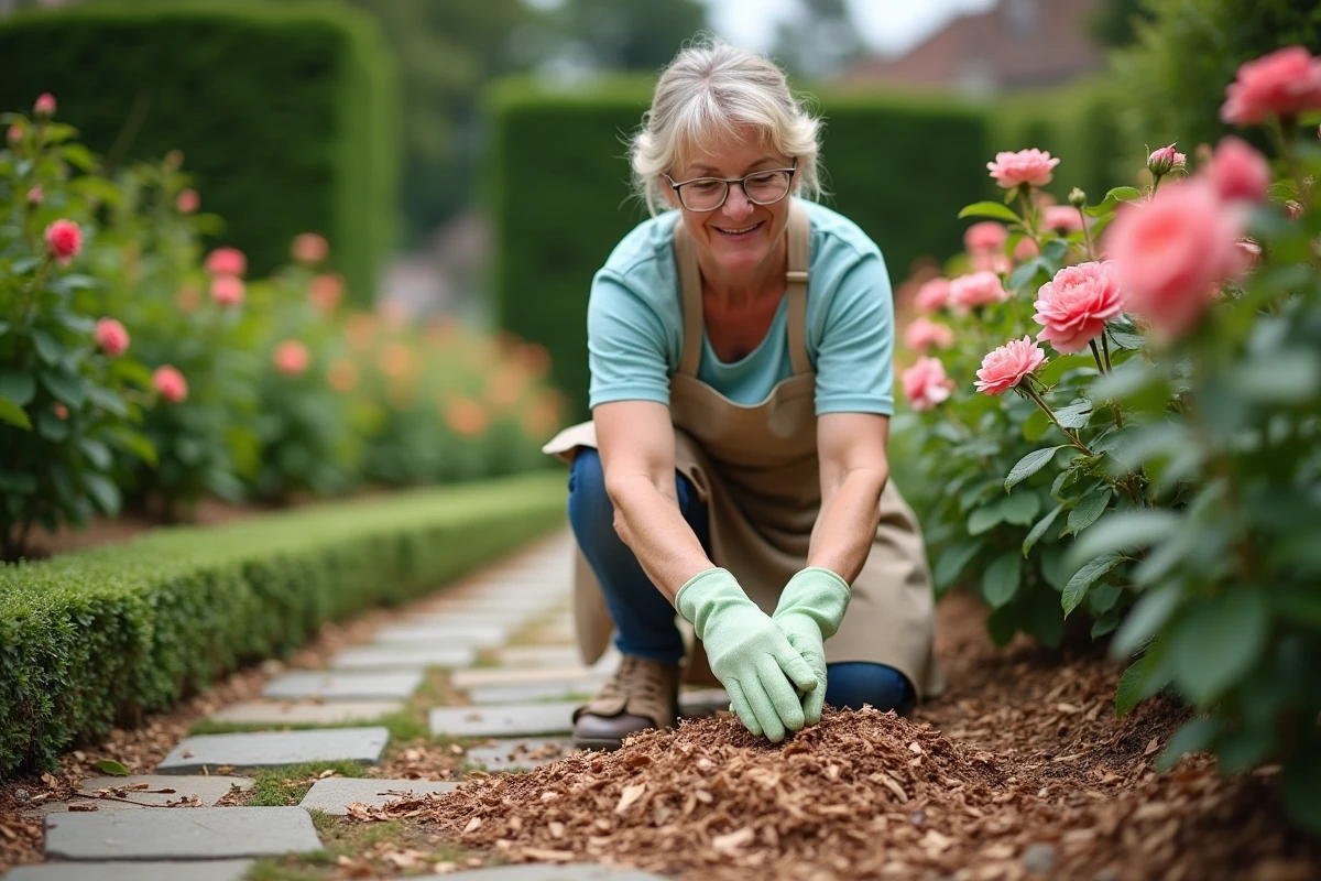 Femme jardinière étalant du broyat de bois autour de rosiers dans un massif fleuri
