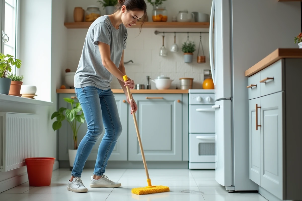 Femme essuyant une flaque d'eau devant son réfrigérateur ouvert dans une cuisine domestique