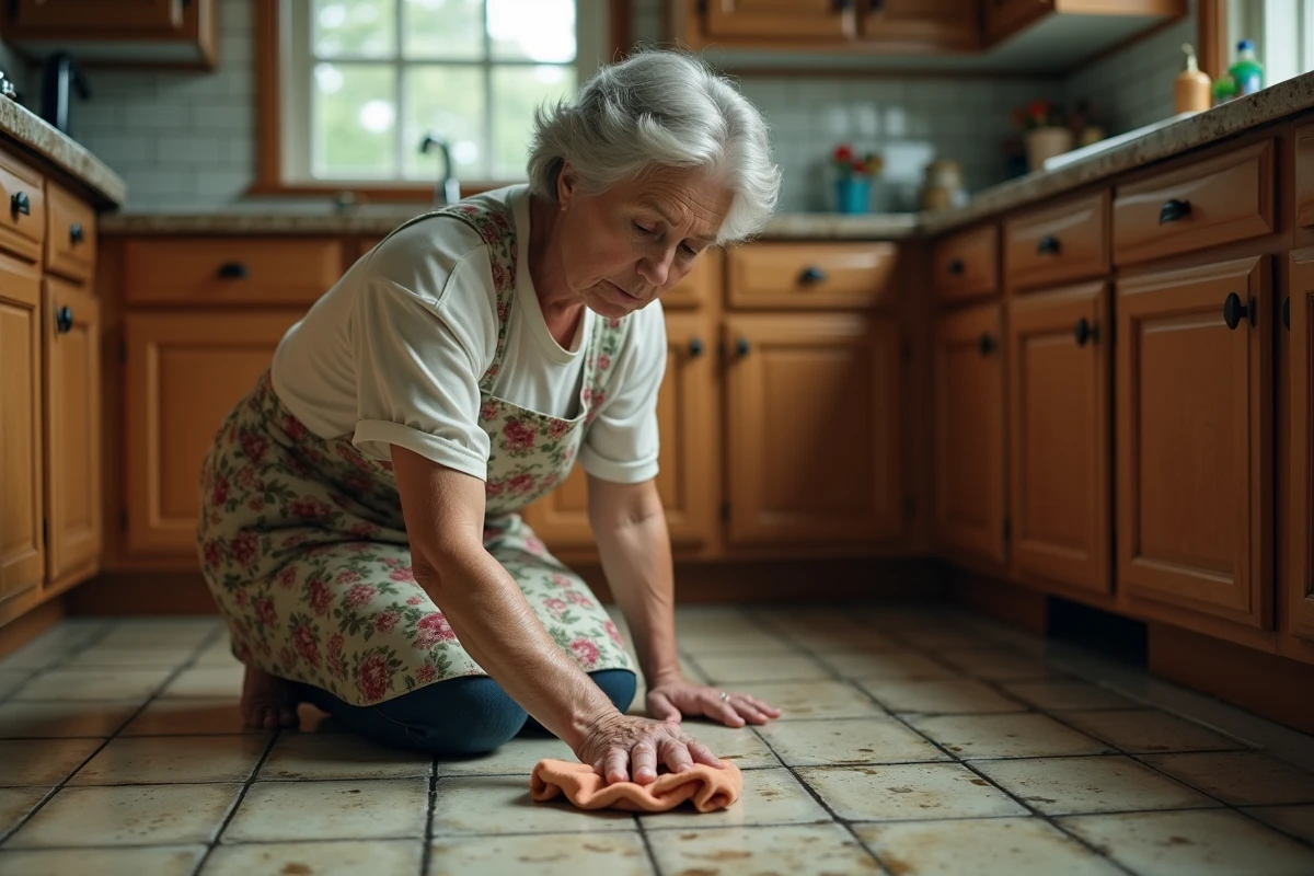 Femme âgée nettoyant un sol en lino noirci avec une astuce maison dans une cuisine vintage