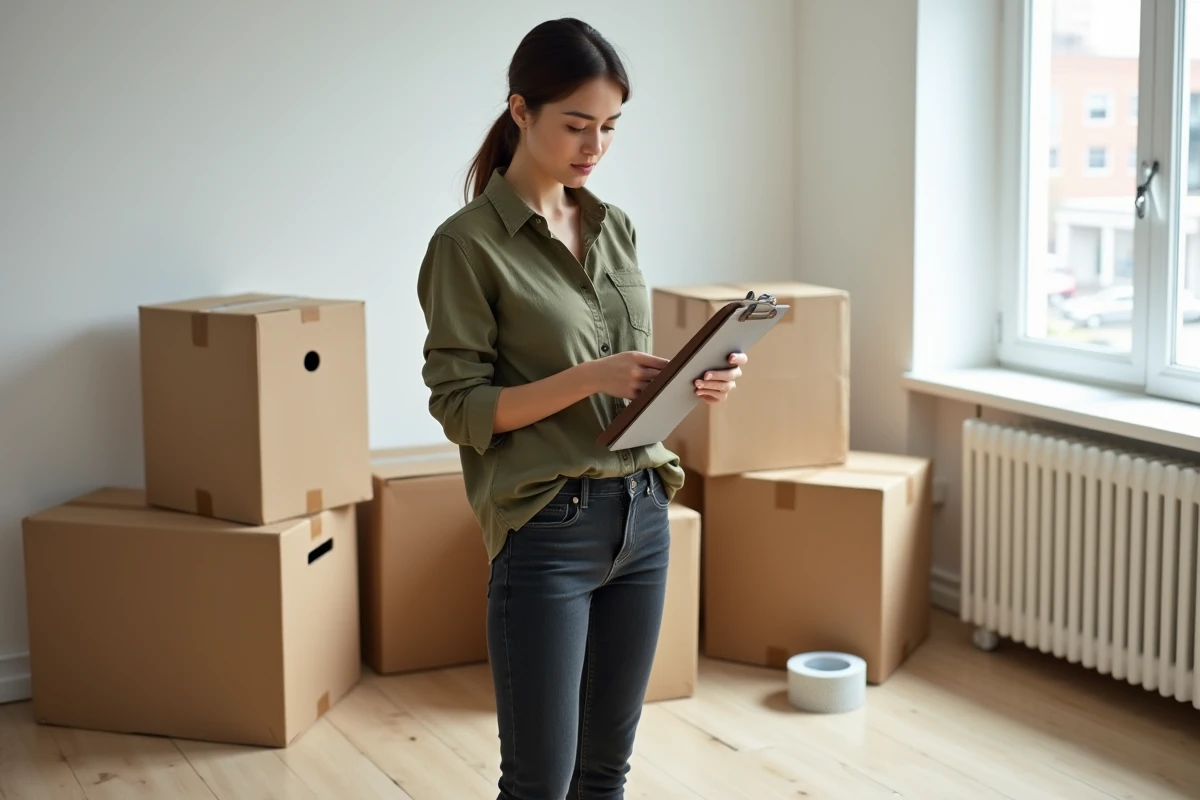 Femme organisant ses cartons de déménagement dans un appartement vide avec une liste de contrôle