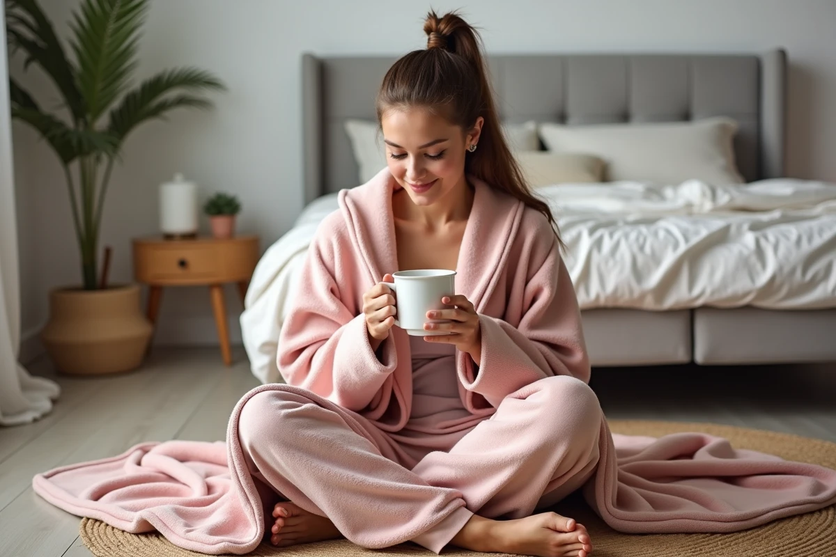 Femme enveloppée dans un plaid polaire rose poudré tenant une tasse en céramique dans une chambre cocooning décorée avec des accessoires doux et naturels