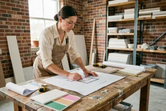 Femme consultant des plans de rénovation sur un établi en bois dans un espace de travaux en cours