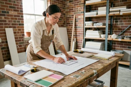 Femme consultant des plans de rénovation sur un établi en bois dans un espace de travaux en cours