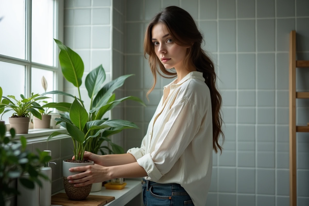 Femme arrangeant des plantes d'intérieur tolérantes à l'ombre dans une salle de bain à faible luminosité