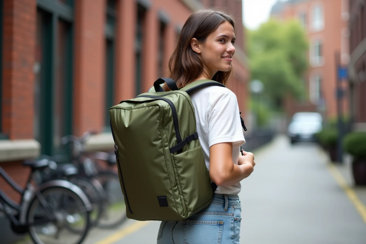 Femme portant un sac à dos de 20 litres en milieu urbain pour illustrer la taille et l'encombrement du sac