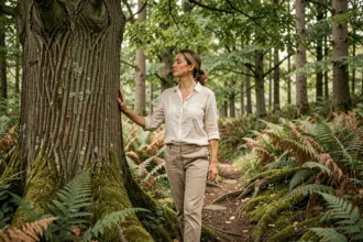 Femme en randonnée dans la forêt de Bois d'Ormes en Bourgogne, posant la main sur un vieux chêne au milieu d'un sentier boisé