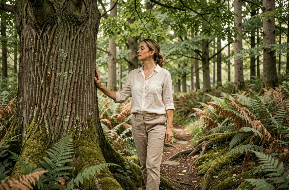 Femme en randonnée dans la forêt de Bois d'Ormes en Bourgogne, posant la main sur un vieux chêne au milieu d'un sentier boisé