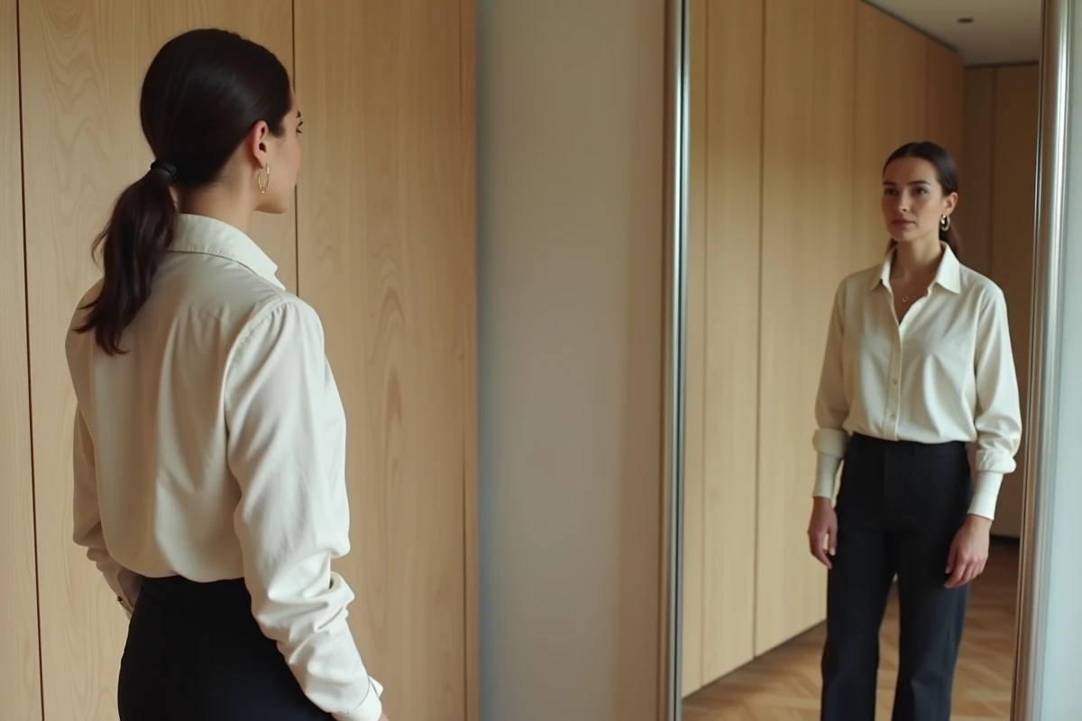 Femme observant ses reflets multipliés entre deux miroirs en pied face à face dans un dressing minimaliste