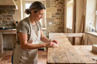 Une femme rénovatrice examine une planche de chêne recyclé dans une cuisine en cours de rénovation avec des murs en pierre apparente