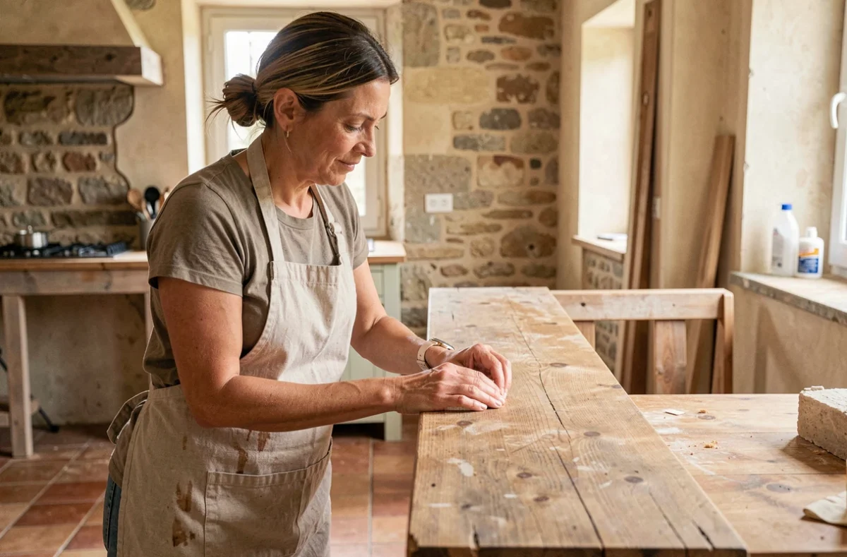Une femme rénovatrice examine une planche de chêne recyclé dans une cuisine en cours de rénovation avec des murs en pierre apparente