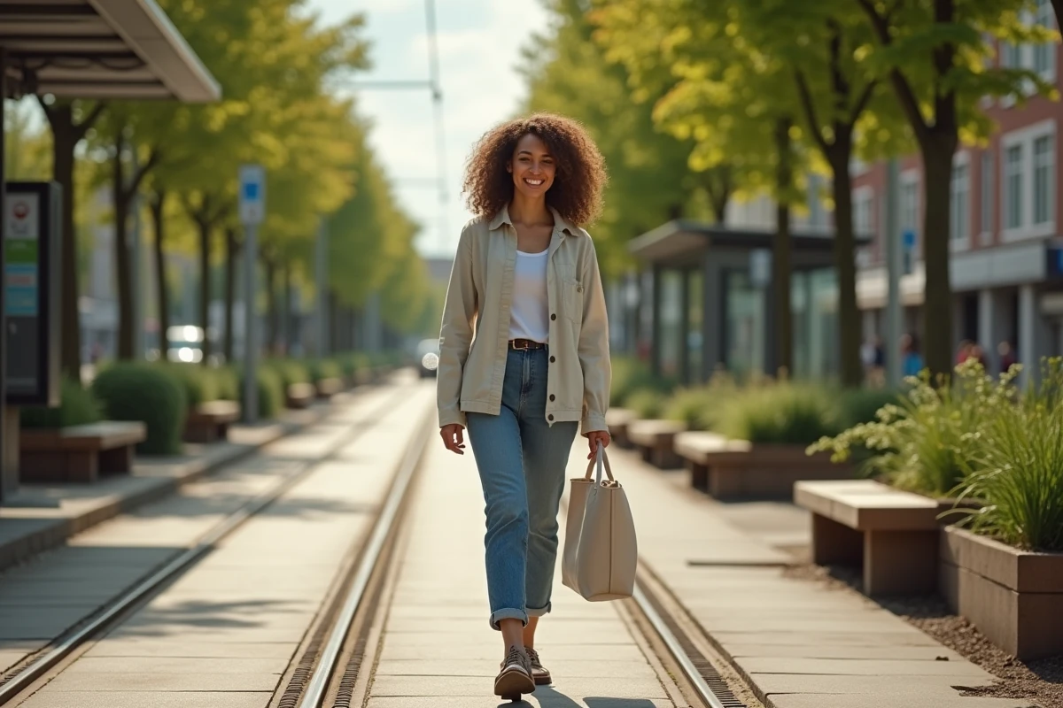 Femme se déplaçant à pied dans une rue durable avec piste cyclable, jardins partagés et abris solaires dans une ville écologique européenne