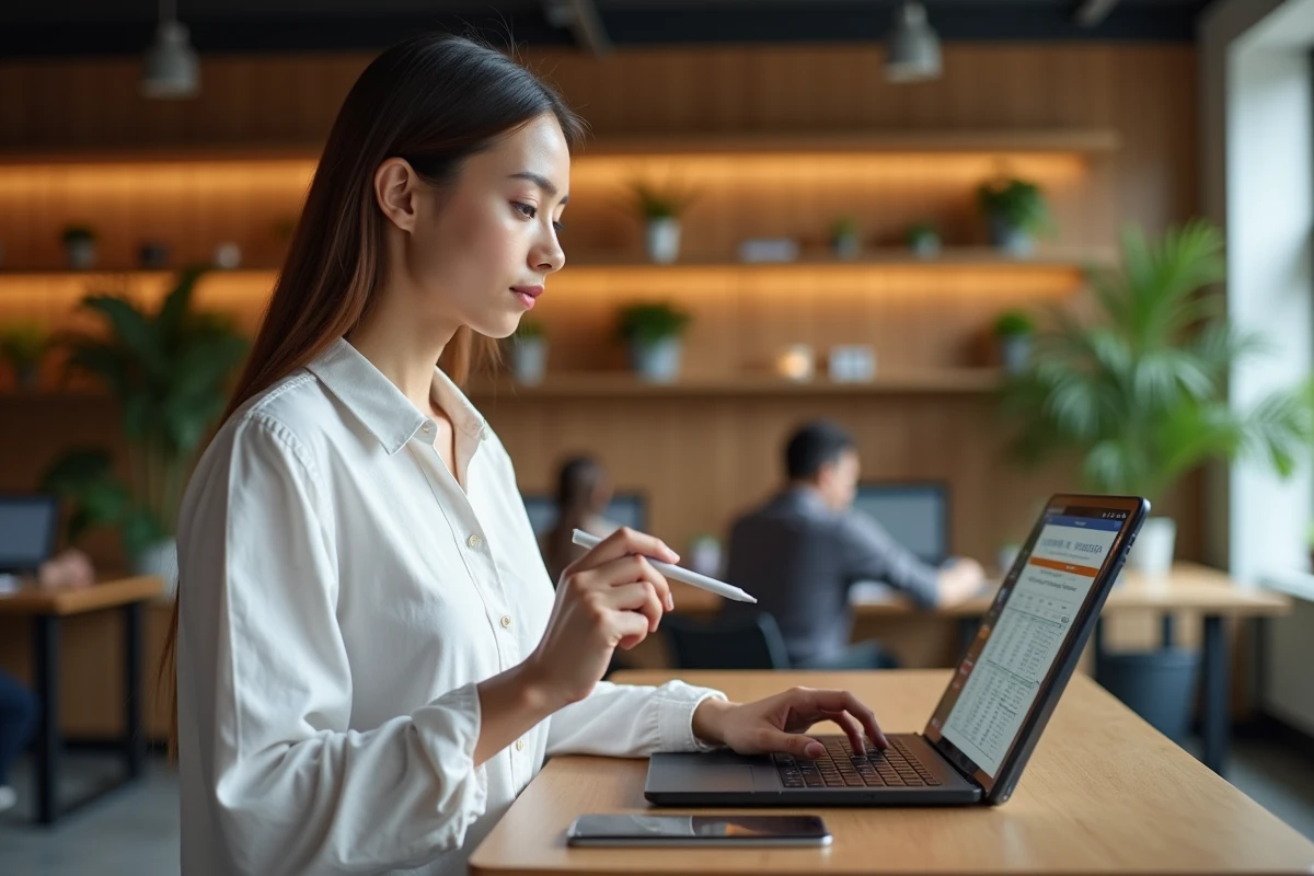 Jeune femme utilisant une tablette pour centrer un tableau dans un espace de co-working moderne