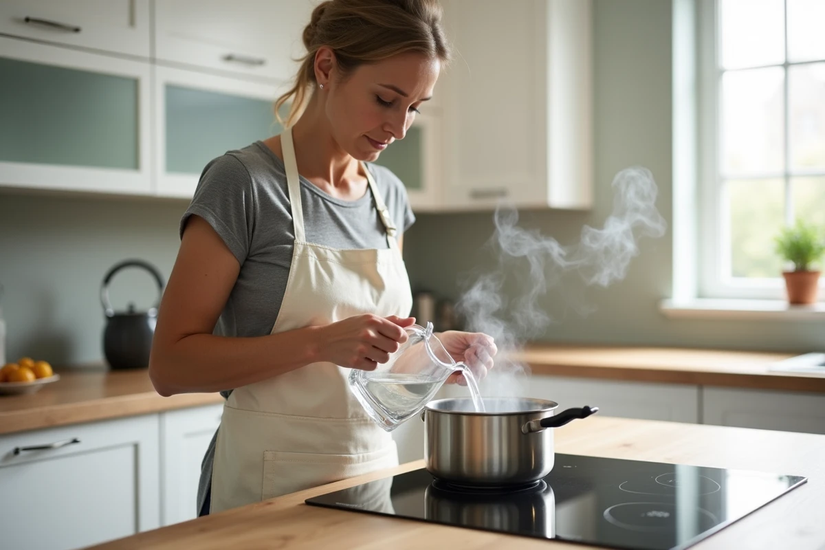 Femme versant de l'eau dans une casserole pour produire de la vapeur d'eau sur une plaque à induction moderne