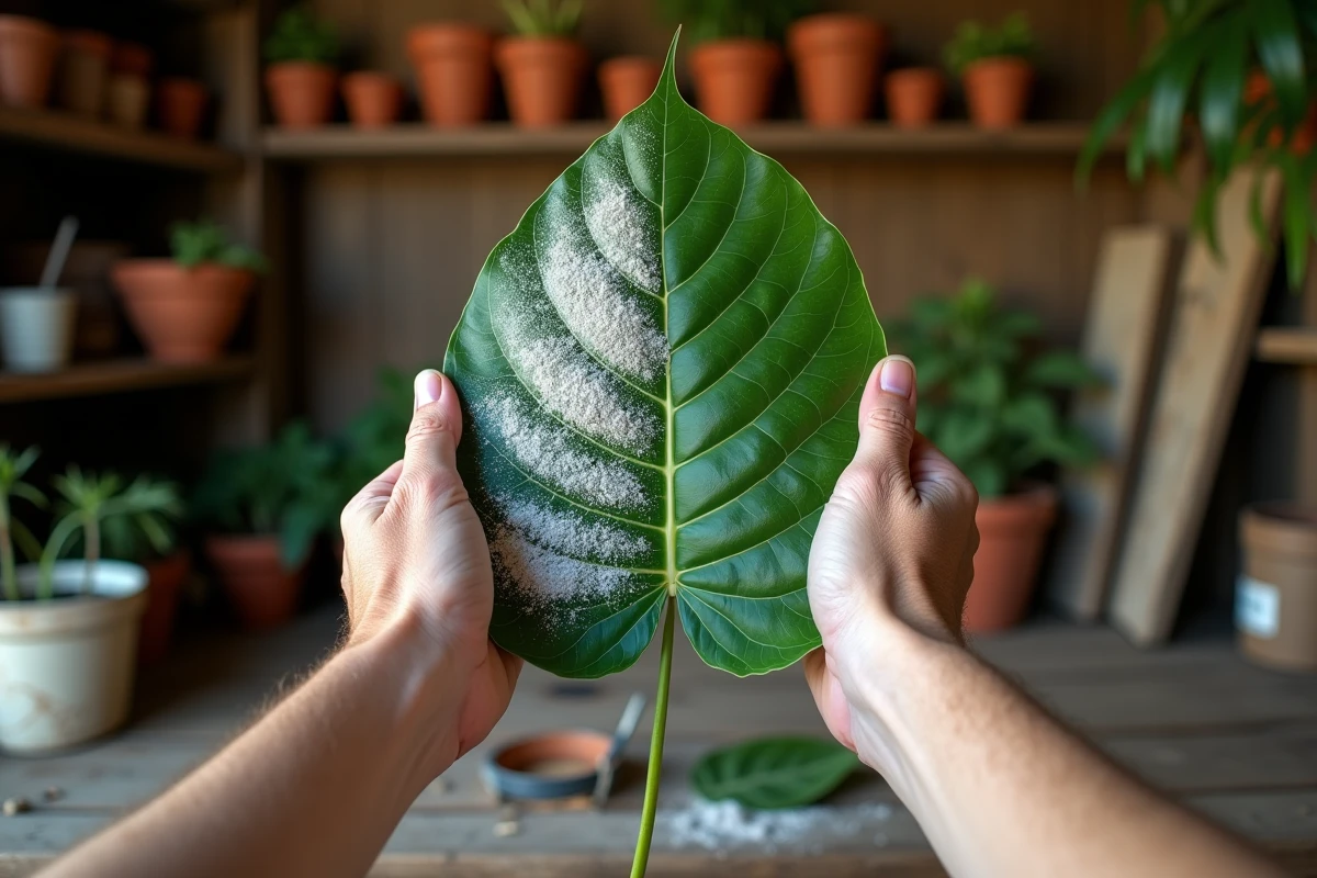 Gros plan d'une feuille de plante partiellement traitée au bicarbonate de soude posée sur un établi de jardin