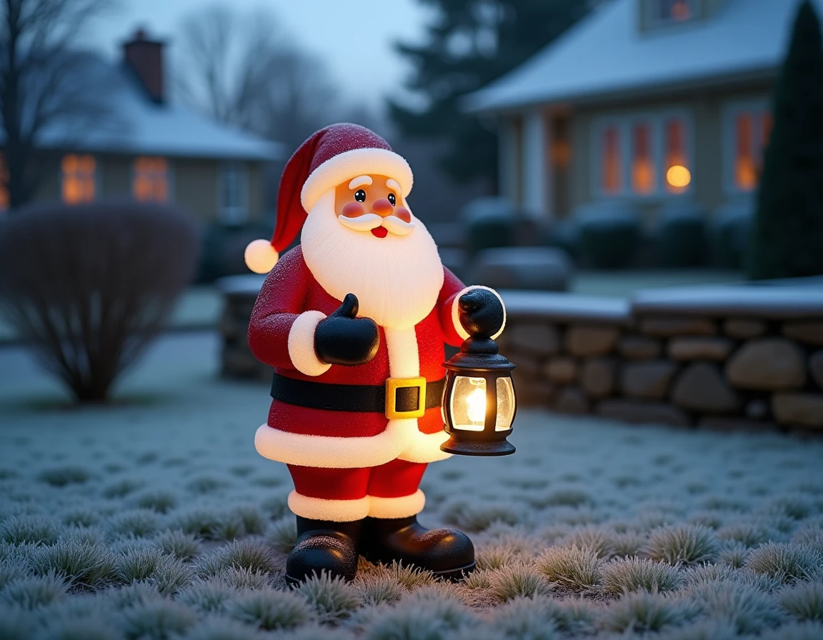 Figurine père Noël imperméable dans un jardin givré avec perles d'eau sur la surface