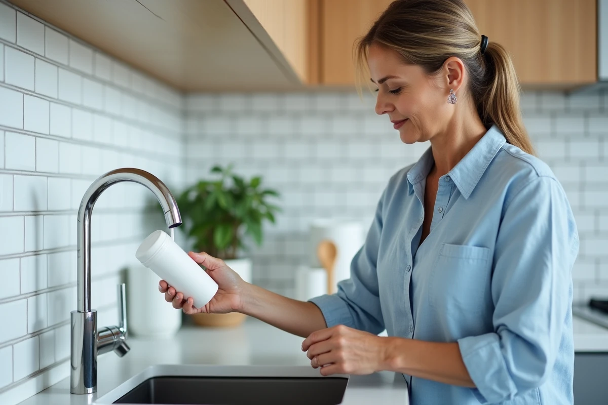 Femme inspectant un système de filtration d'eau sur un évier de cuisine moderne